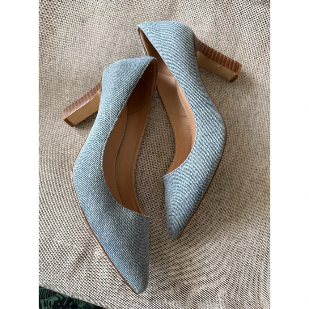 Cole Haan Women's Blue Denim Pointed Toe Block Heel Slip-On Pumps